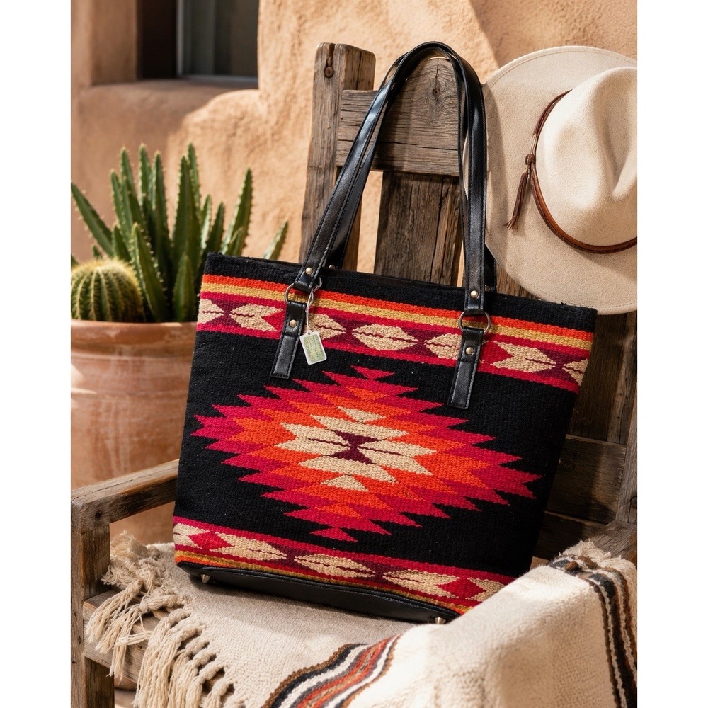 Artisan‎ Boho Tote Southwestern Aztec 16x13" Black Red Orange Western Purse